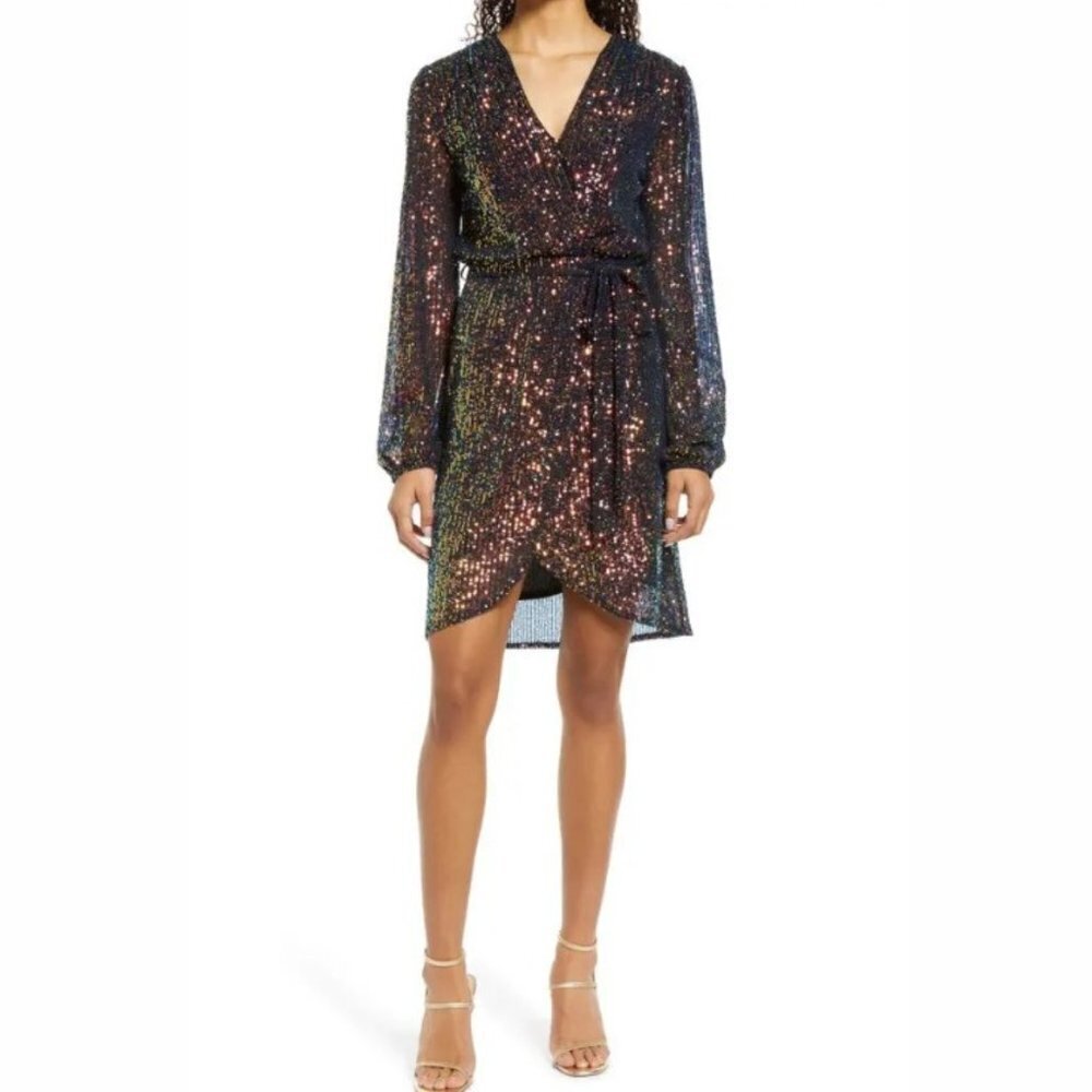 Fraiche By J Women's Sequin Tie Waist Long Sleeve Dress - M